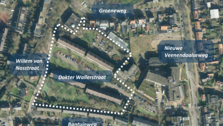 Kaart van het gebied rond de Dokter Wallerstraat. 